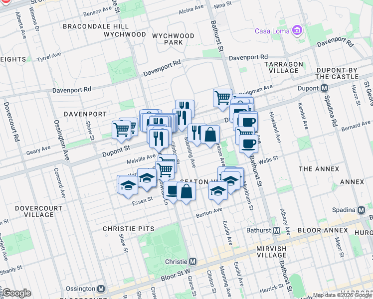 map of restaurants, bars, coffee shops, grocery stores, and more near in Toronto