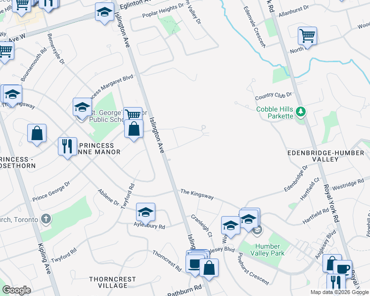 map of restaurants, bars, coffee shops, grocery stores, and more near 50 Ridgevalley Crescent in Toronto