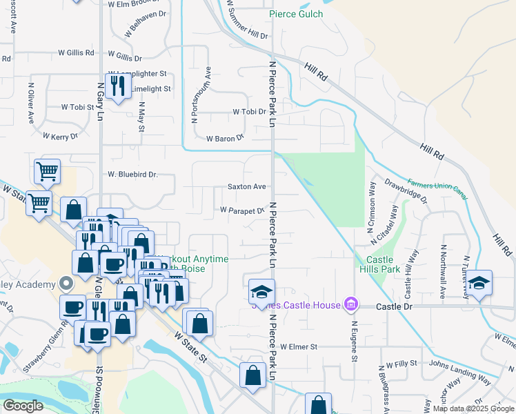 map of restaurants, bars, coffee shops, grocery stores, and more near 6472 West Parapet Drive in Boise