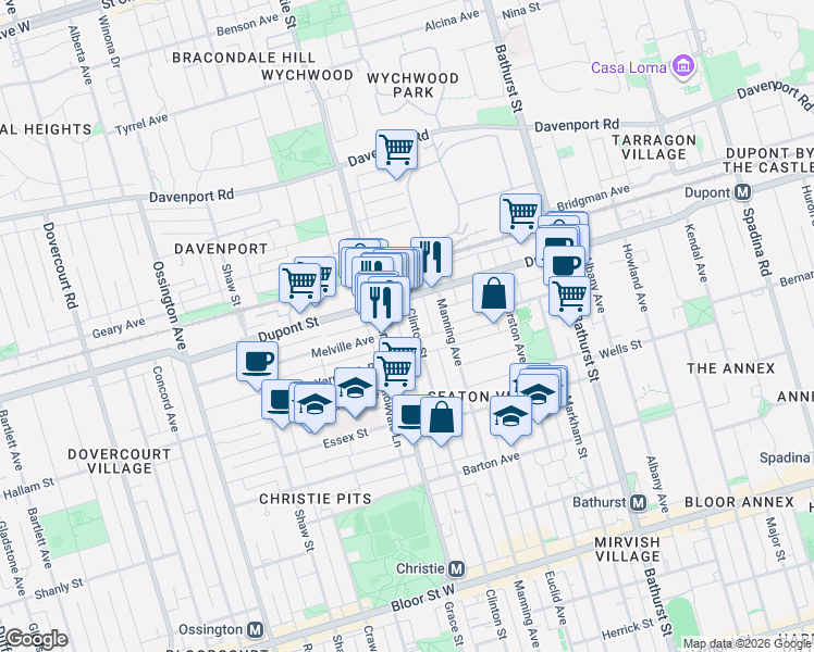 map of restaurants, bars, coffee shops, grocery stores, and more near 618 Clinton Street in Toronto