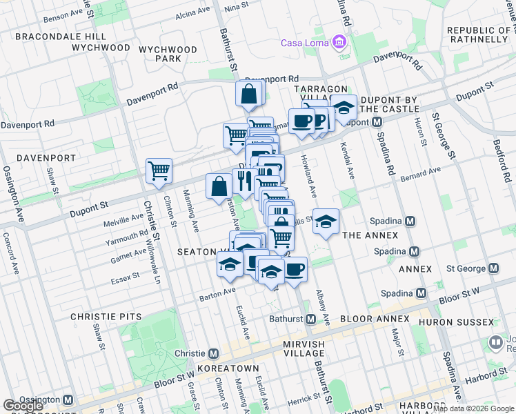 map of restaurants, bars, coffee shops, grocery stores, and more near 27 Rossmore Road in Toronto