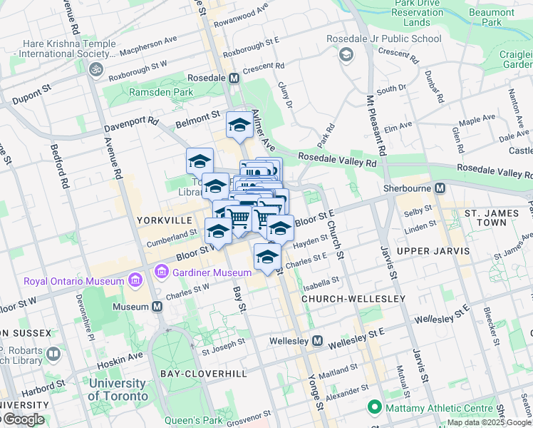 map of restaurants, bars, coffee shops, grocery stores, and more near 2 Bloor Street East in Toronto