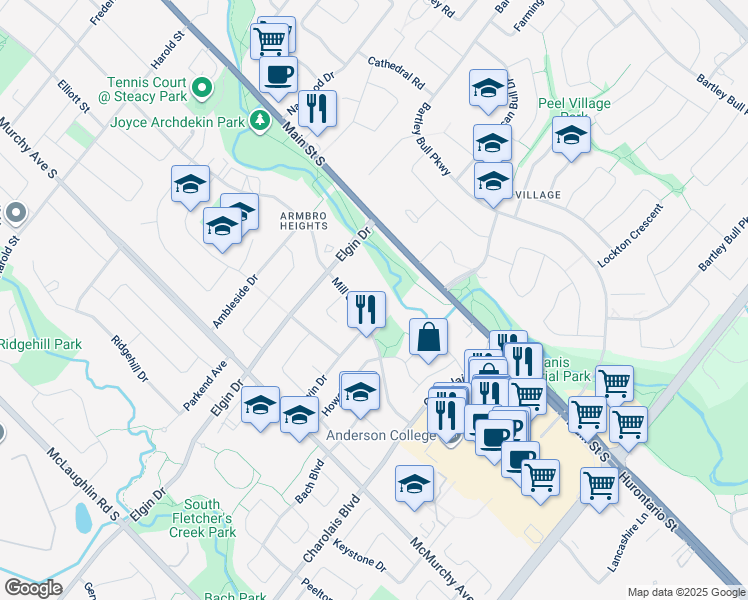 map of restaurants, bars, coffee shops, grocery stores, and more near 330 Mill Street South in Brampton