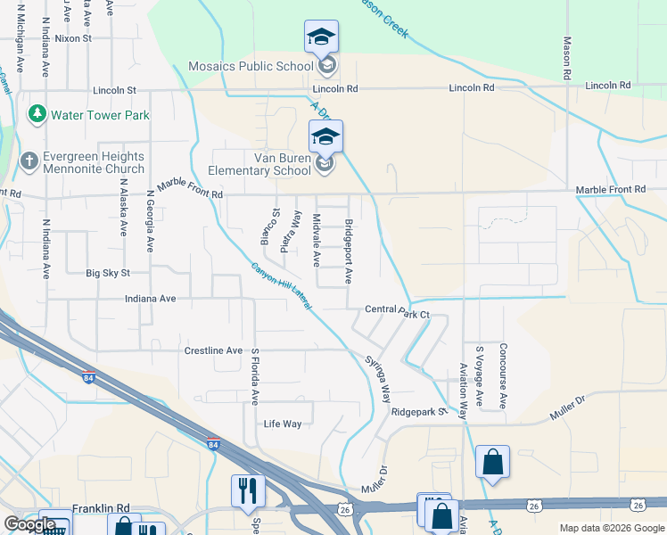 map of restaurants, bars, coffee shops, grocery stores, and more near Lenox Park Street in Caldwell