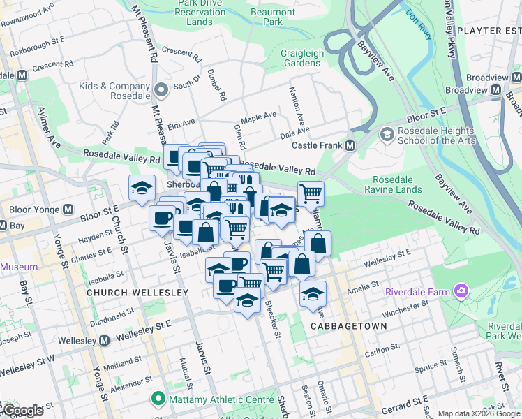 map of restaurants, bars, coffee shops, grocery stores, and more near 730 Ontario Street in Toronto