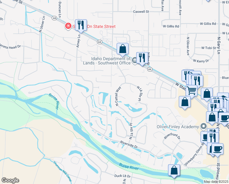 map of restaurants, bars, coffee shops, grocery stores, and more near 5557 North Cattail Way in Garden City