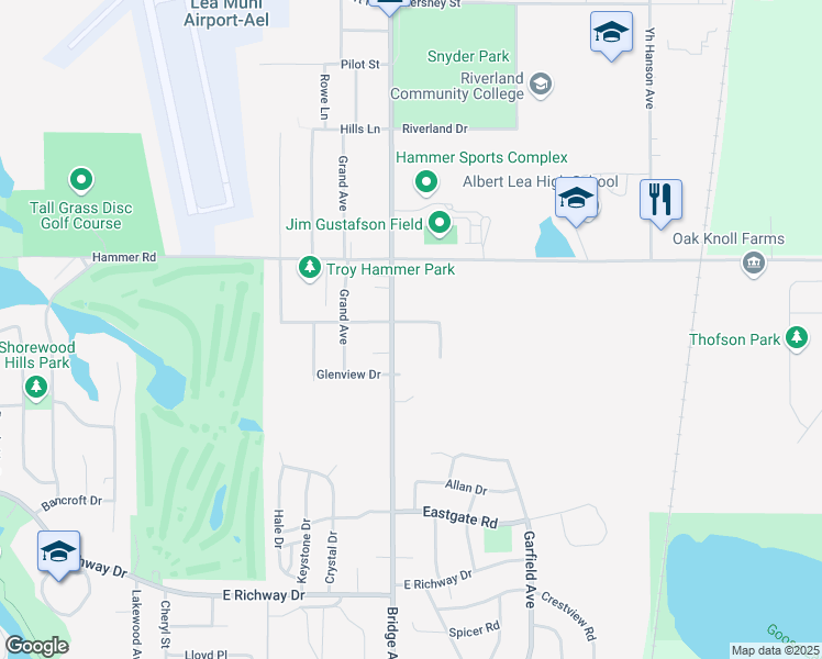 map of restaurants, bars, coffee shops, grocery stores, and more near 802 Troy Road in Albert Lea
