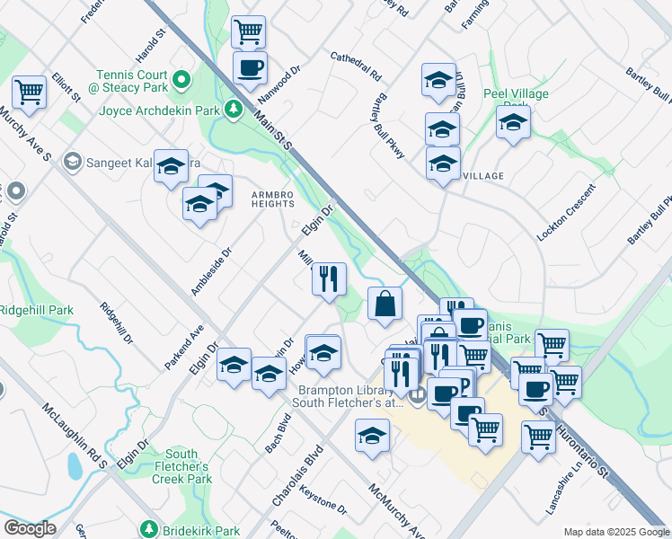 map of restaurants, bars, coffee shops, grocery stores, and more near 330 Mill Street South in Brampton