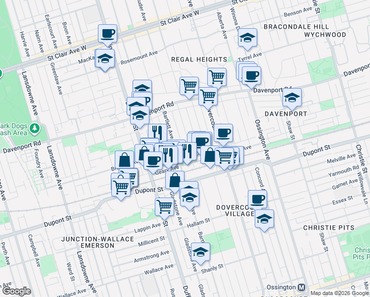 map of restaurants, bars, coffee shops, grocery stores, and more near 420 Salem Avenue North in Toronto