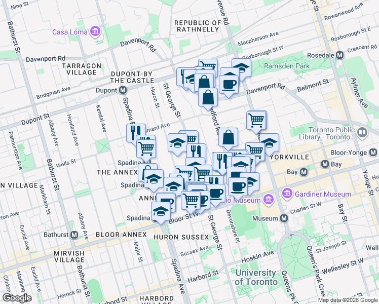 map of restaurants, bars, coffee shops, grocery stores, and more near 212 St George St in Toronto