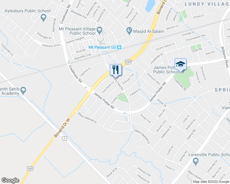 map of restaurants, bars, coffee shops, grocery stores, and more near 83 Crumlin Crescent in Brampton