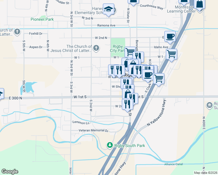 map of restaurants, bars, coffee shops, grocery stores, and more near 158 South 1st West in Rigby