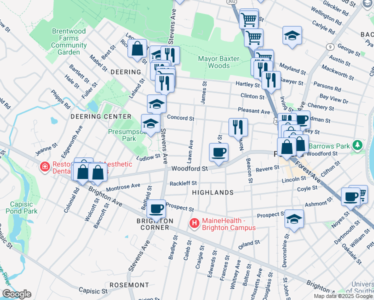 map of restaurants, bars, coffee shops, grocery stores, and more near 32 Lawn Avenue in Portland