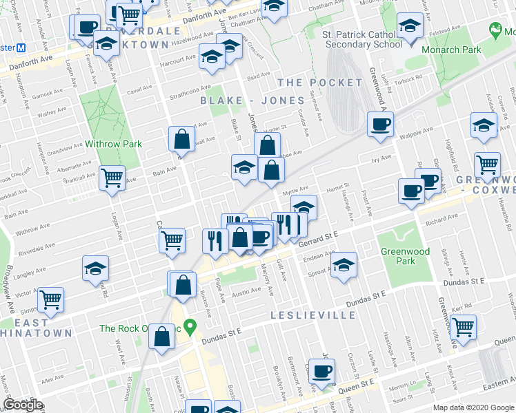 map of restaurants, bars, coffee shops, grocery stores, and more near 158 Galt Avenue in Toronto