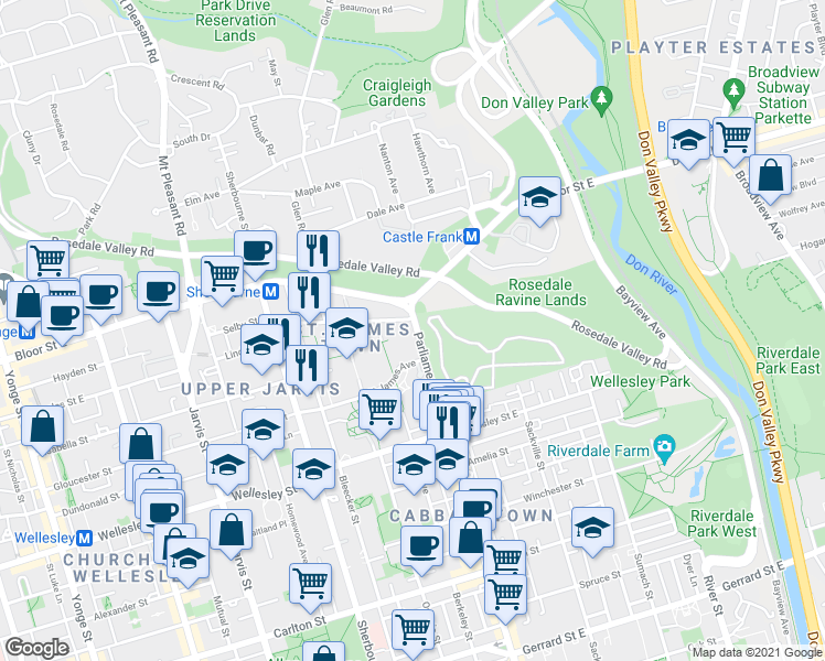 map of restaurants, bars, coffee shops, grocery stores, and more near 670 Parliament Street in Toronto