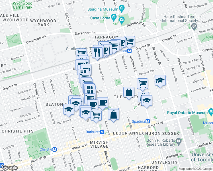 map of restaurants, bars, coffee shops, grocery stores, and more near 161 Howland Avenue in Toronto