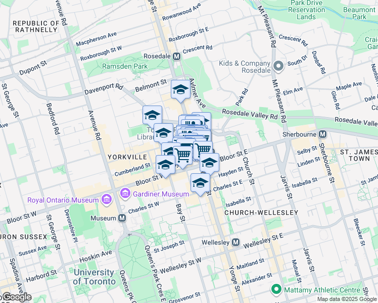 map of restaurants, bars, coffee shops, grocery stores, and more near 8 Cumberland Street in Toronto