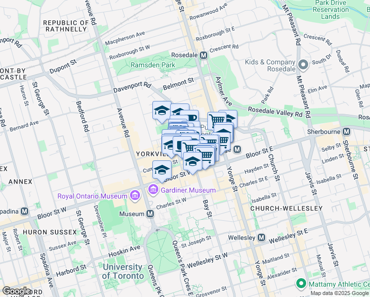 map of restaurants, bars, coffee shops, grocery stores, and more near 61 Yorkville Avenue in Toronto