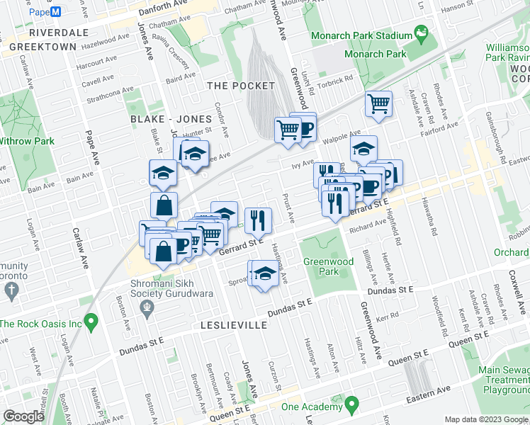 map of restaurants, bars, coffee shops, grocery stores, and more near 264 Hastings Avenue in Toronto