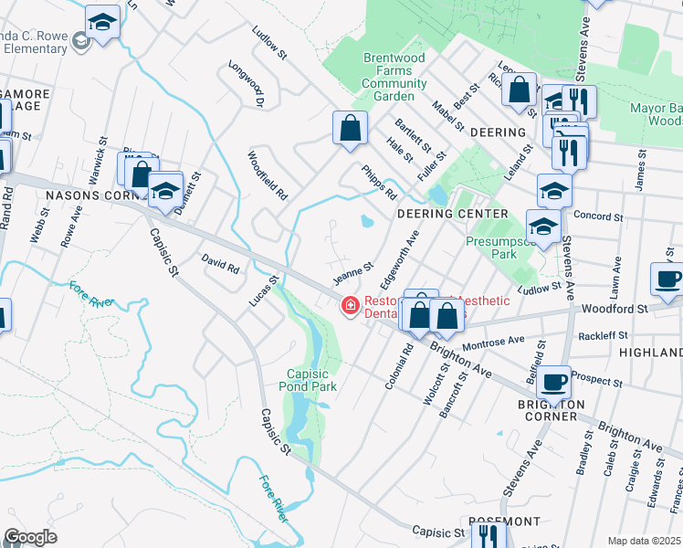 map of restaurants, bars, coffee shops, grocery stores, and more near 7 Glenridge Drive in Portland