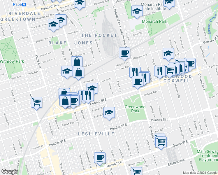map of restaurants, bars, coffee shops, grocery stores, and more near 1168 Gerrard Street East in Toronto