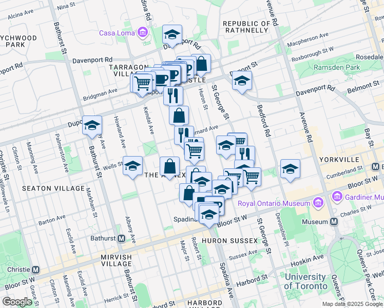 map of restaurants, bars, coffee shops, grocery stores, and more near 107 Spadina Road in Toronto