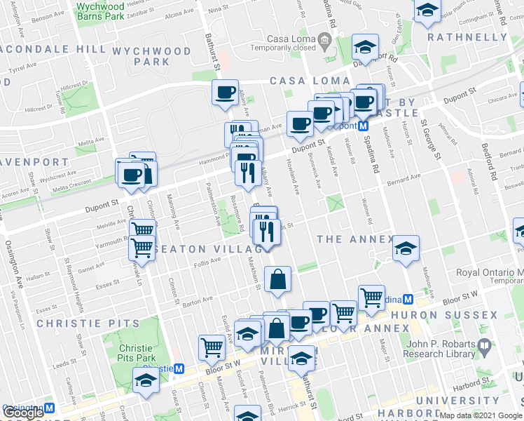 map of restaurants, bars, coffee shops, grocery stores, and more near in Toronto