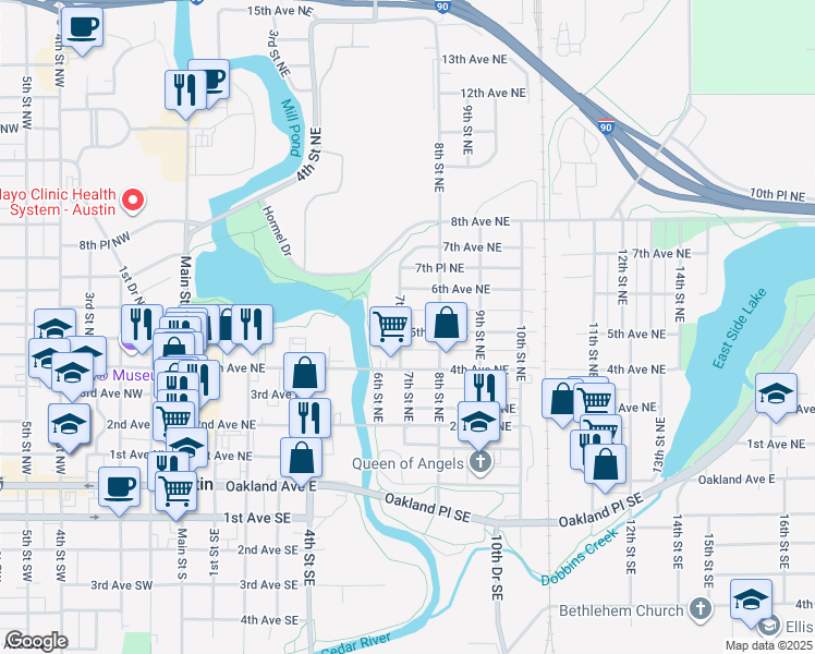 map of restaurants, bars, coffee shops, grocery stores, and more near 806 5th Avenue Northeast in Austin