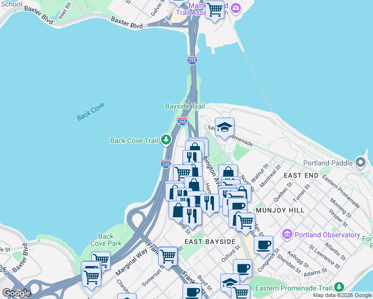 map of restaurants, bars, coffee shops, grocery stores, and more near 12 Plowman Street in Portland
