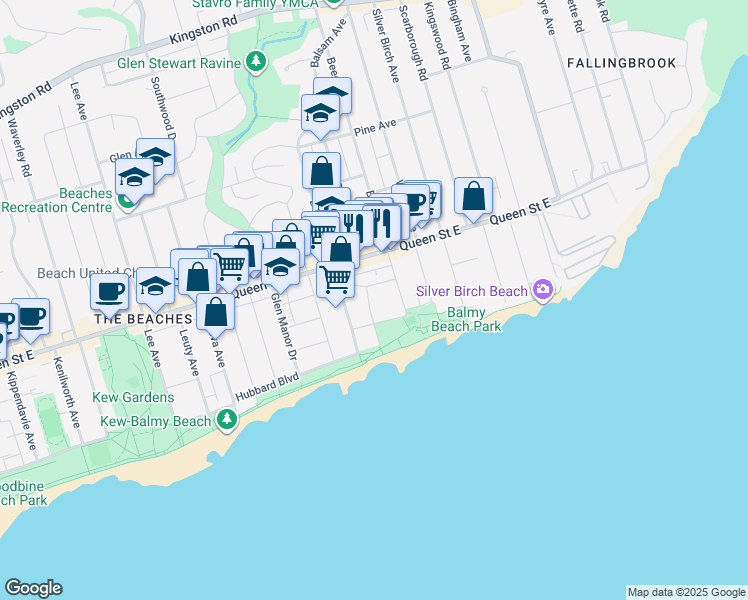 map of restaurants, bars, coffee shops, grocery stores, and more near 49 Fernwood Park Avenue in Toronto