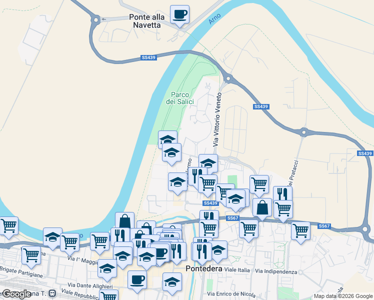 map of restaurants, bars, coffee shops, grocery stores, and more near 4 Via Napoli in Pontedera