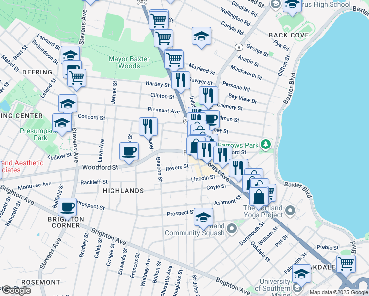 map of restaurants, bars, coffee shops, grocery stores, and more near 167 Woodford Street in Portland