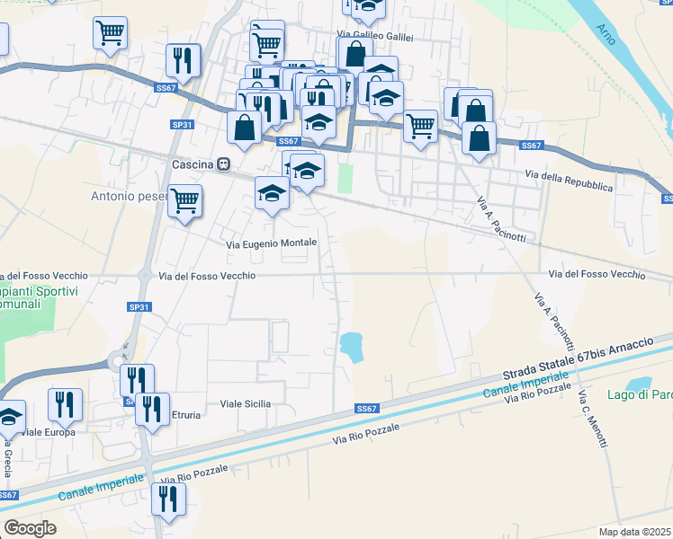 map of restaurants, bars, coffee shops, grocery stores, and more near 215 Via B. Genovesi Sud in Cascina