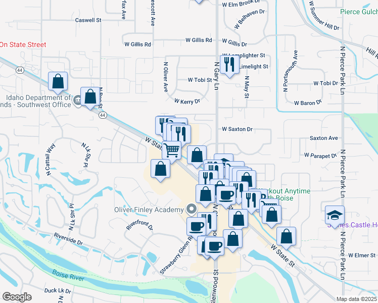 map of restaurants, bars, coffee shops, grocery stores, and more near 7558 West Saxton Drive in Boise