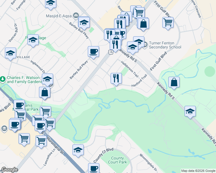 map of restaurants, bars, coffee shops, grocery stores, and more near 14 Warrington Court in Brampton