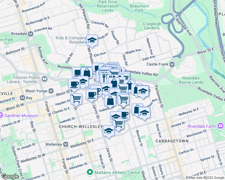 map of restaurants, bars, coffee shops, grocery stores, and more near 25 Selby Street in Toronto