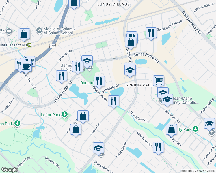 map of restaurants, bars, coffee shops, grocery stores, and more near 162 Valleyway Drive in Brampton