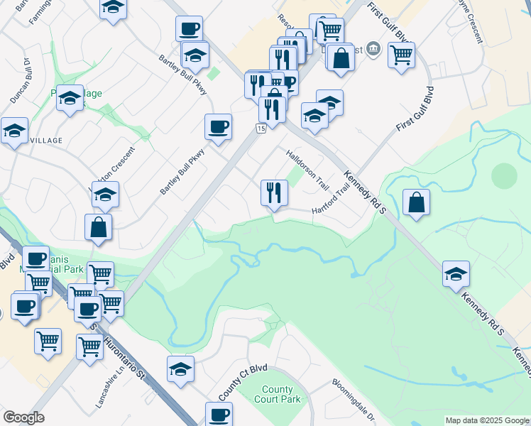 map of restaurants, bars, coffee shops, grocery stores, and more near 29 Hartford Trail in Brampton