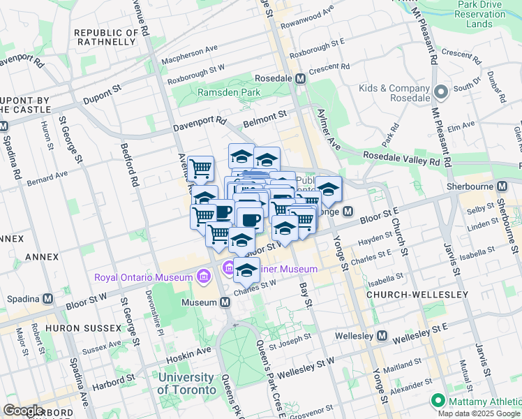 map of restaurants, bars, coffee shops, grocery stores, and more near Yorkville Avenue in Toronto