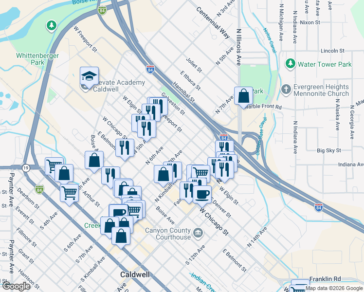 map of restaurants, bars, coffee shops, grocery stores, and more near 623 East Elgin Street in Caldwell