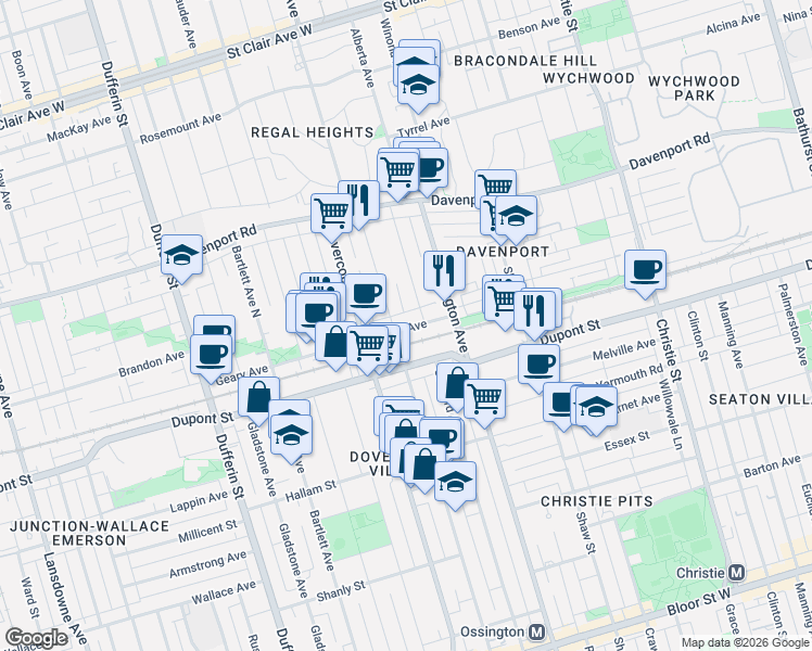 map of restaurants, bars, coffee shops, grocery stores, and more near 36 Geary Avenue in Toronto