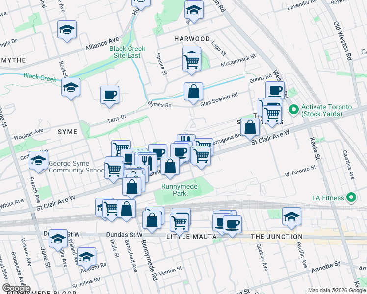 map of restaurants, bars, coffee shops, grocery stores, and more near 9 Cannes Circle in Toronto
