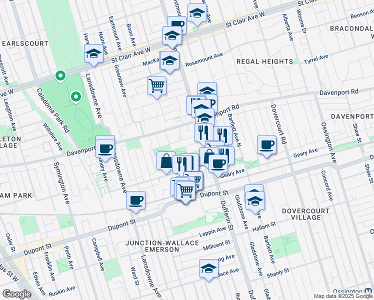 map of restaurants, bars, coffee shops, grocery stores, and more near 30 Chandos Avenue in Toronto