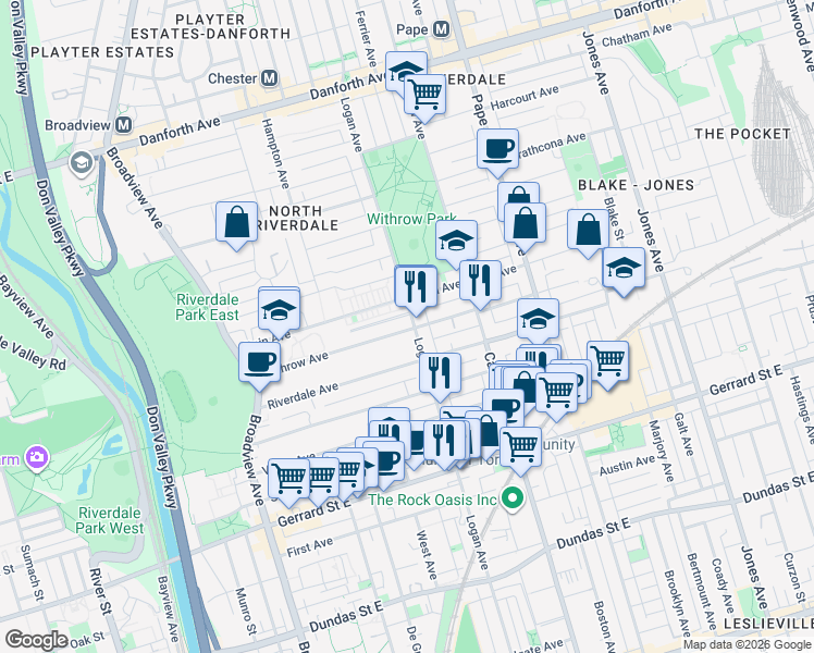 map of restaurants, bars, coffee shops, grocery stores, and more near 146 Withrow Avenue in Toronto