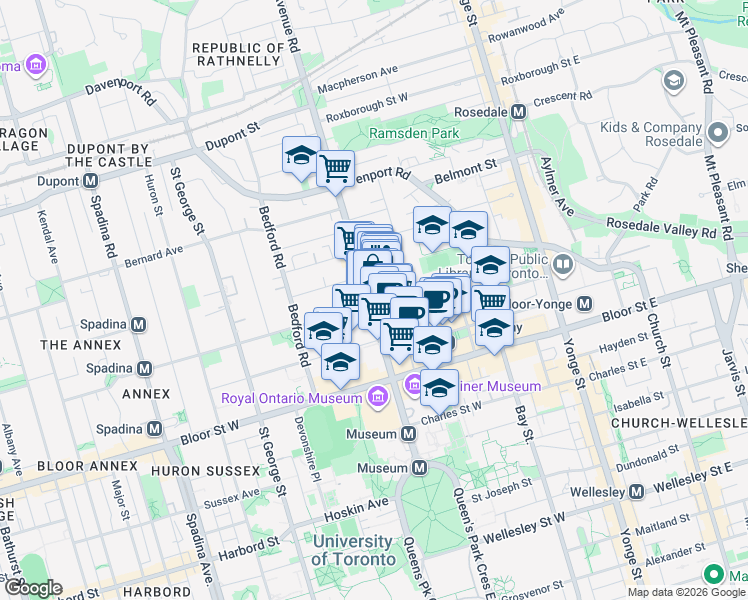map of restaurants, bars, coffee shops, grocery stores, and more near 55 Avenue Road in Toronto