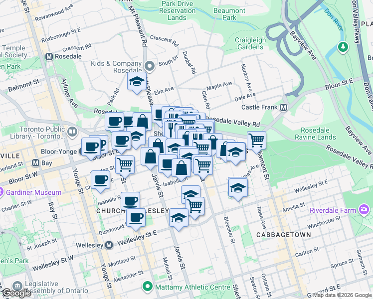 map of restaurants, bars, coffee shops, grocery stores, and more near 18 Linden Street in Toronto