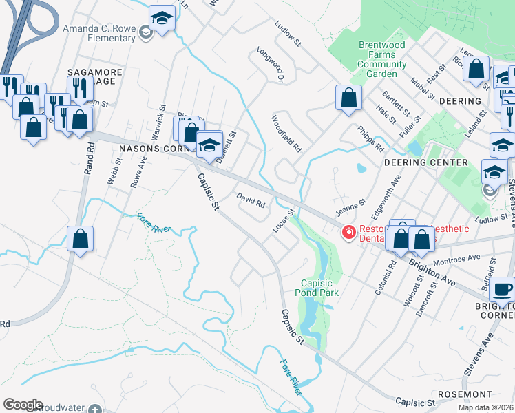 map of restaurants, bars, coffee shops, grocery stores, and more near 16 David Road in Portland