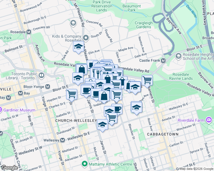map of restaurants, bars, coffee shops, grocery stores, and more near 25 Selby Street in Toronto