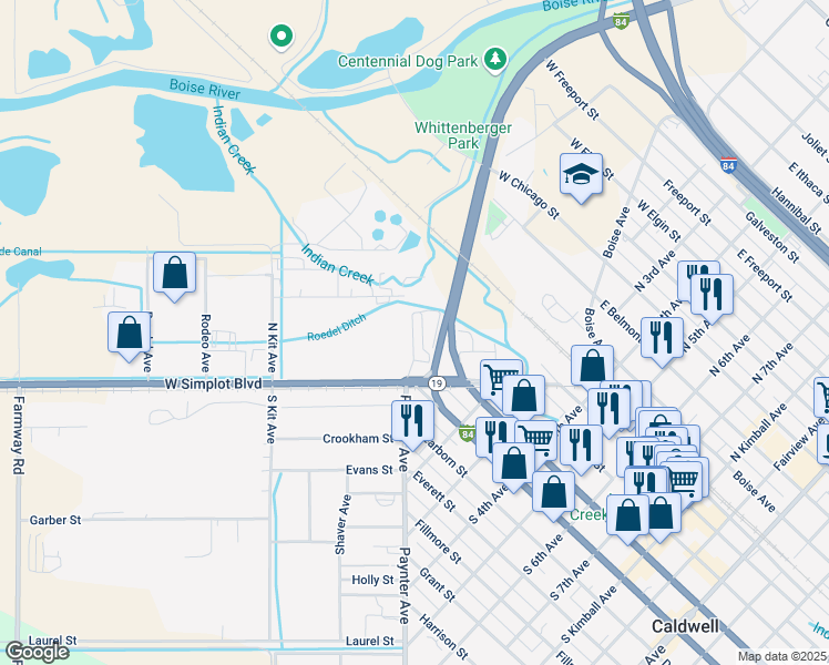 map of restaurants, bars, coffee shops, grocery stores, and more near 112 East Simplot Boulevard in Caldwell