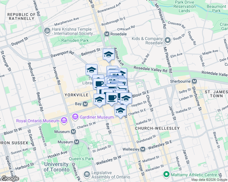 map of restaurants, bars, coffee shops, grocery stores, and more near 8 Cumberland Street in Toronto